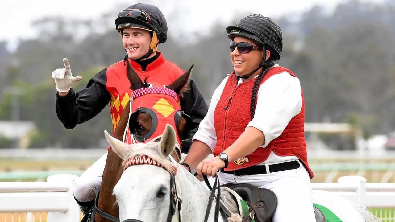 Jockey Michael Hellyer enjoys his winning ride aboard Westover in The Queensland Times Maiden Plate at the Ipswich racetrack. Picture: Rob Williams