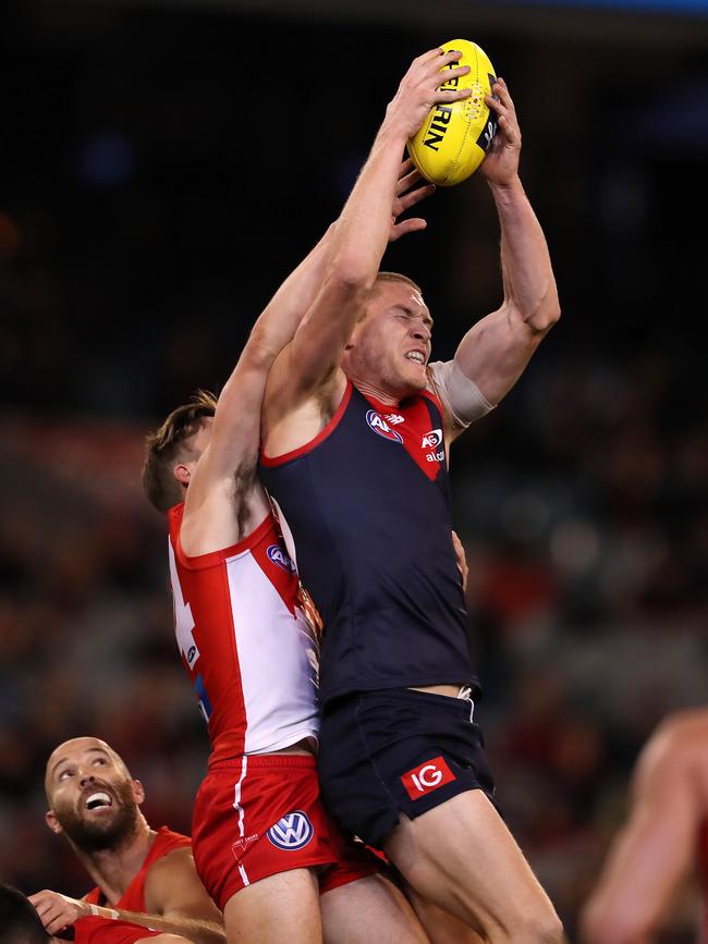 Melbourne's Tom McDonald shows his marking qualities.