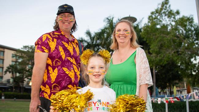 Andrew Hill, Nicole Evans and Indi Hill as thousands of fans gather to watch the Matildas take on England in the World Cup Semifinal at Darwin Waterfront. Picture: Pema Tamang Pakhrin