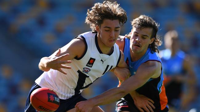 BRISBANE, AUSTRALIA – JULY 03: Charlie Barnett of Victoria Country and Ethan Read of Allies compete for the ball during the U18 AFL Boys Championship match between the Allies and Vic Country on July 03, 2022 in Brisbane, Australia. (Photo by Albert Perez/AFL Photos via Getty Images)