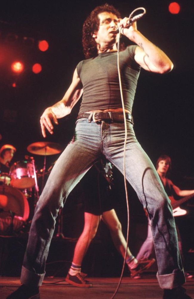 Bon Scott performs on stage with AC/DC, UK, 1976. Picture: Getty