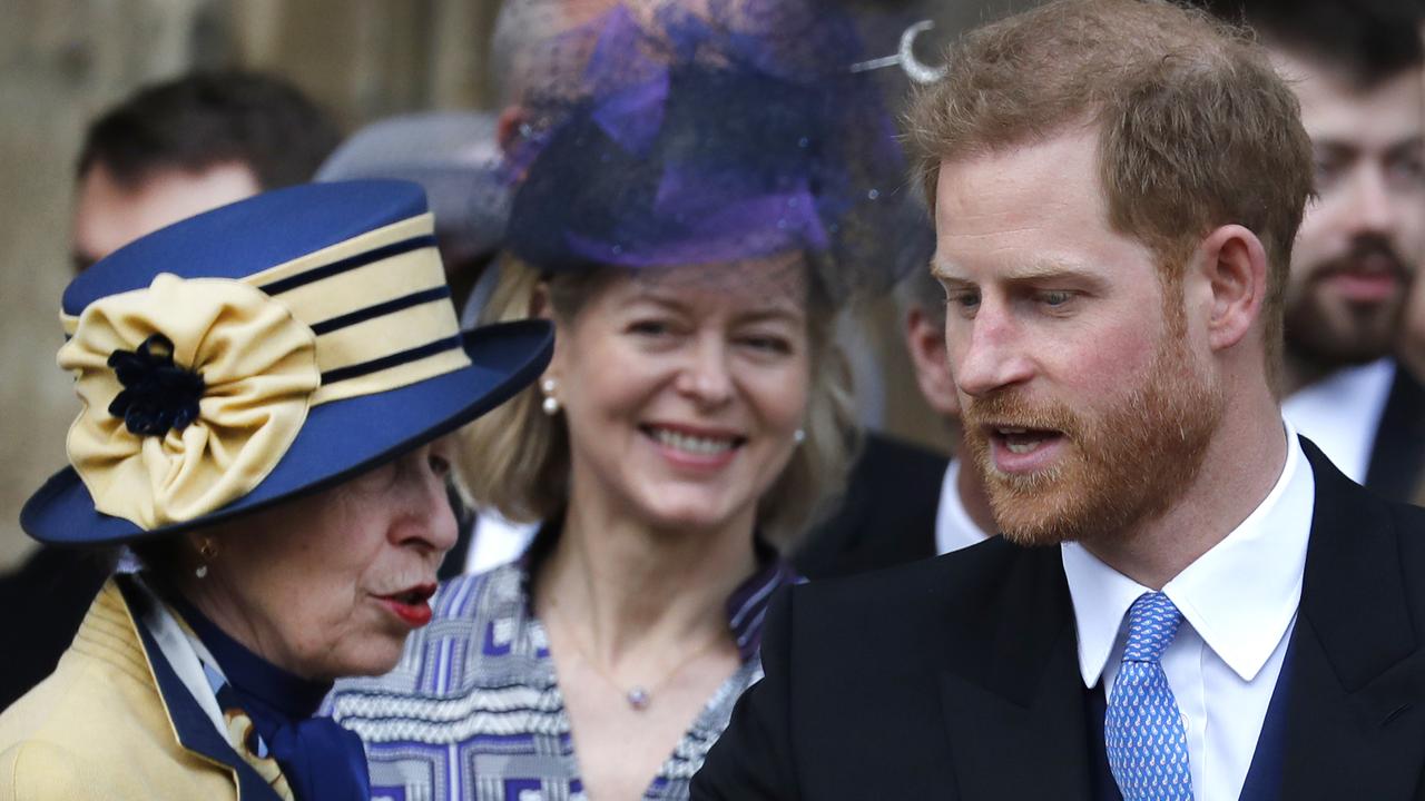 Prince Harry speaks with Princess Anne, Princess Royal as they leave the wedding of Lady Gabriella Windsor and Thomas Kingston in 2019. Picture: Frank Augstein – WPA Pool/Getty Images