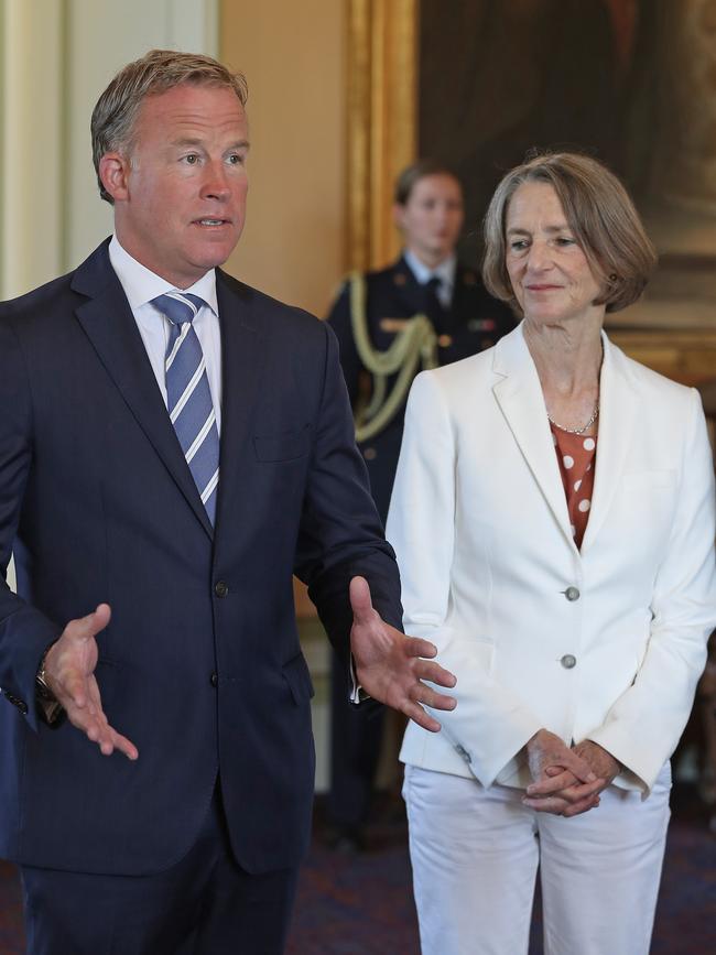 Premier Will Hodgman standing alongside the Governor of Tasmania, Professor Kate Warner, following the announcement that she has been diagnosed with Non-Hodgkin Lymphoma. Picture: LUKE BOWDEN