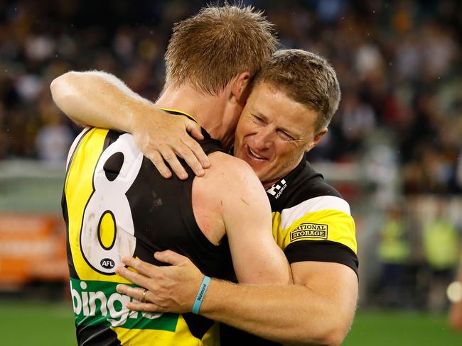 NOW: Riewoldt hugs coach Damien Hardwick after a win over Melbourne this year. Picture: Getty Images