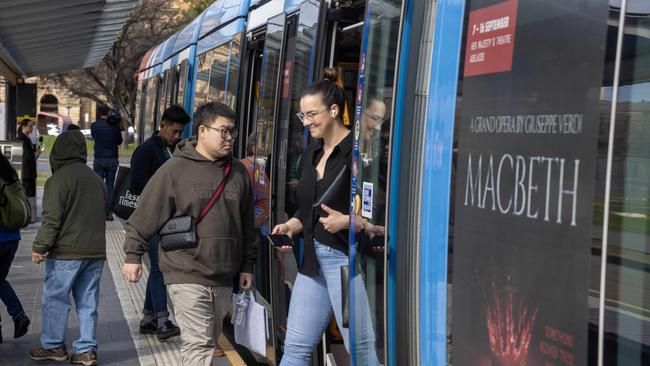 Commuters at the Victoria Square tram stop can breath easy after the strike was called off. Picture: NCA NewsWire / Kelly Barnes