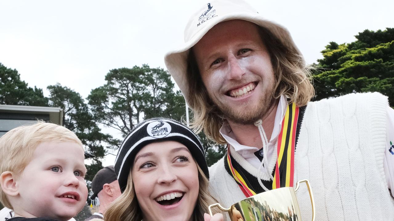 North Geelong captain Tom Mathieson with his partner Maddie and son Van. Picture: Mark Wilson