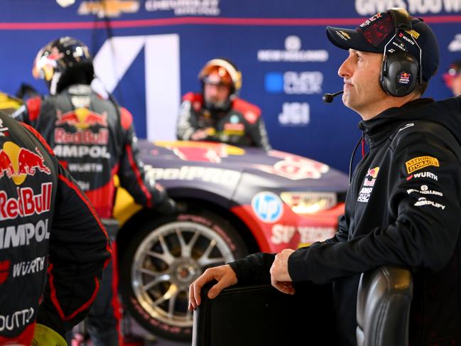 Jamie Whincup reacts after Broc Feeney pulled into the garage due to mechanical issues during last year’s Bathurst 1000. Picture: Getty Images