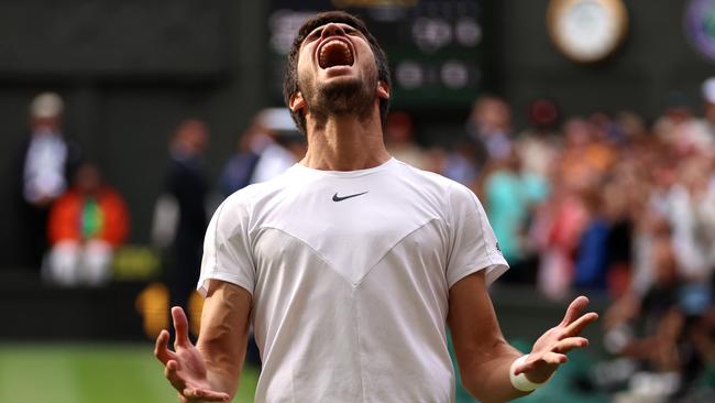 Carlos Alcaraz won the Wimbledon final across five sets. Picture: Clive Brunskill/Getty Images