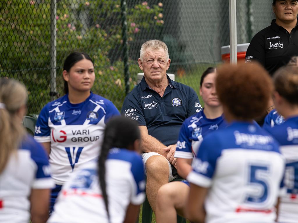 Bulldogs General Manager of Football Phil Gould, an interested spectator on the day, listens in to the Bulldogs halftime team-talk. Picture: Julian Andrews