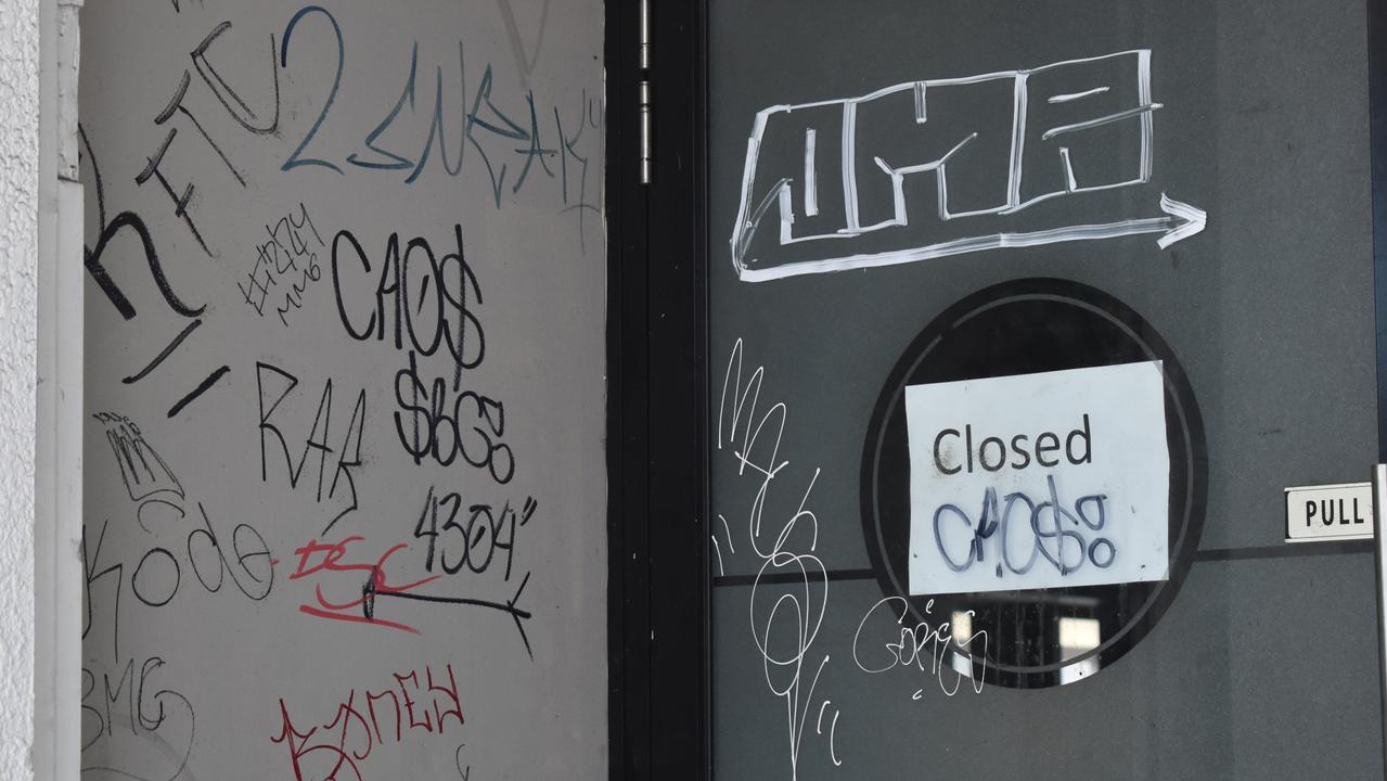 Most shopfronts along the street are empty and covered in graffiti. Picture: Jessica Baker