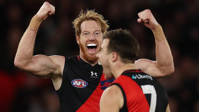 MELBOURNE - July 9 : AFL. Andrew Phillips of the Bombers enjoys Zach MerrettÃ&#149;s 2nd quarter goal during the round 17 AFL match between Essendon and Adelaide at Marvel Stadium on July 8, 2023. Photo by Michael Klein.