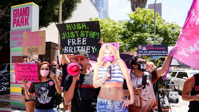 #FreeBritney activists protest at Los Angeles Grand Park during a conservatorship hearing for Britney Spears in June. Picture: AFP