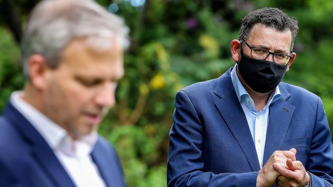 Former Victorian chief health officer Brett Sutton and Premier Dan Andrews at one of their regular Covid ‘pressers’. Picture: Ian Currie