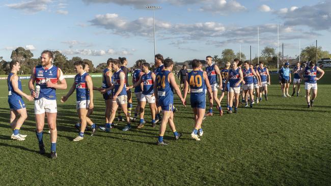 SFL: Handshakes after the Cranbourne and St Paul's McKinnon qualifying final. Picture: Valeriu Campan