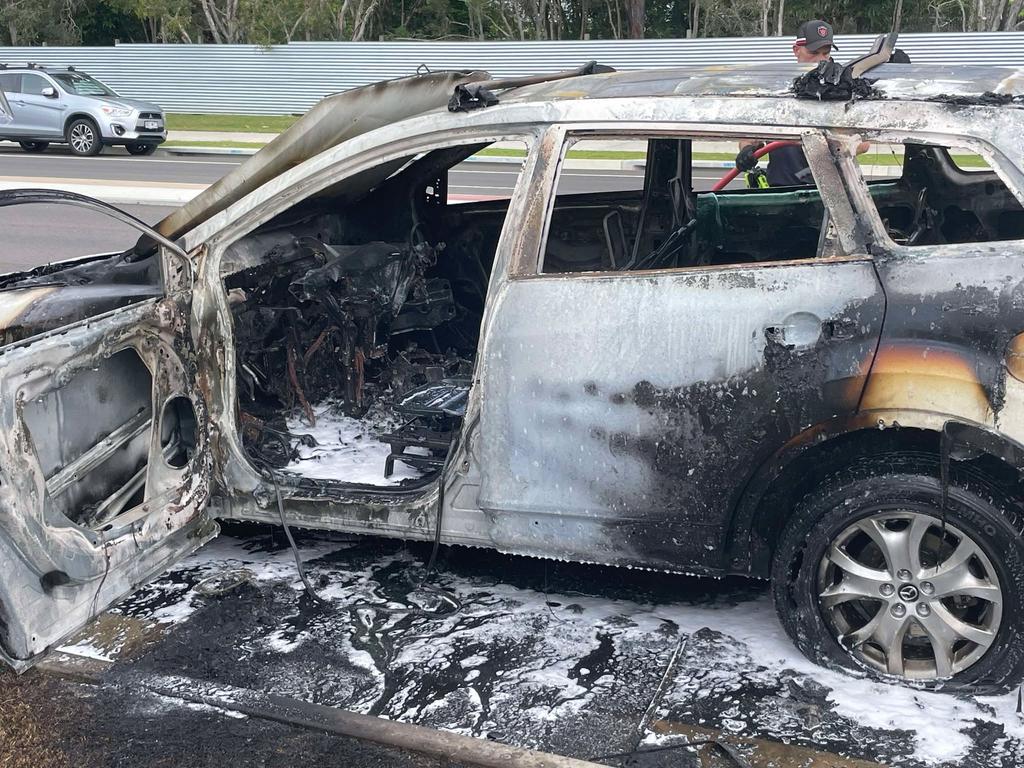 Allegedly stolen car catches fire at Hervey Bay on Monday, February 17, 2025.