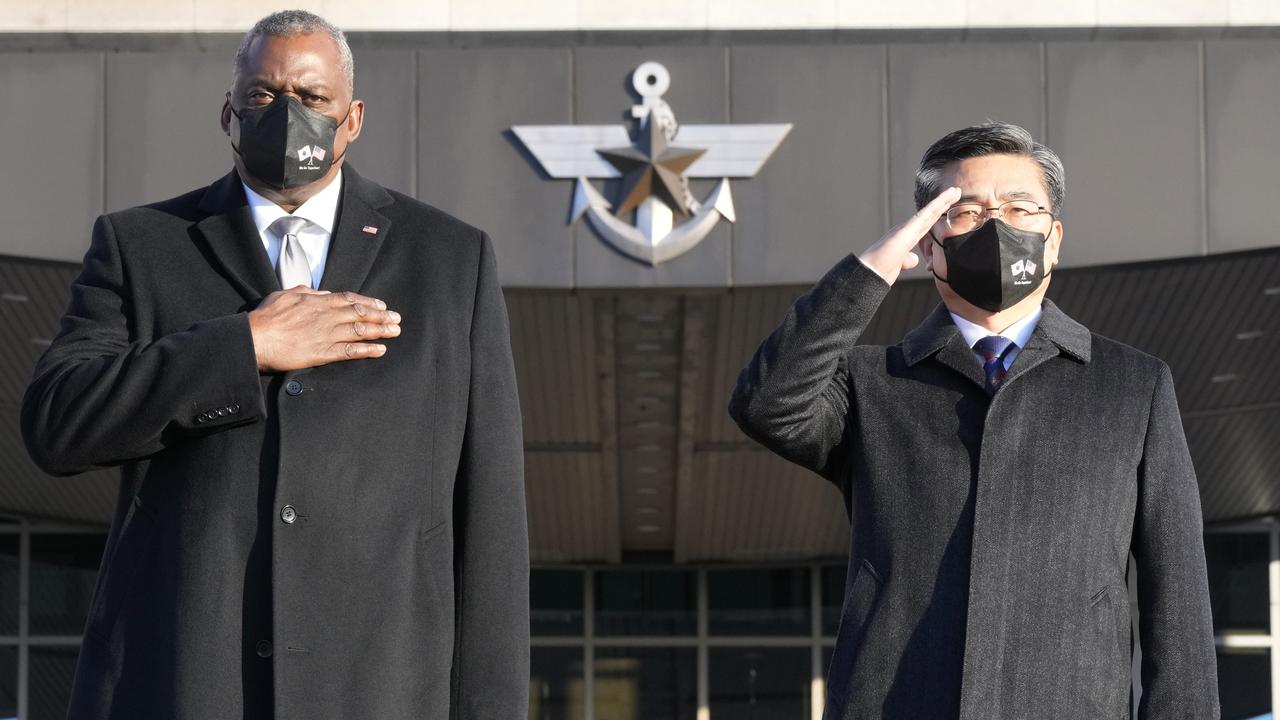 (L-R) US Secretary of Defence Lloyd Austin salutes with South Korea's Defence Minister Suh Wook. Picture: Ahn Young-Joon/Getty Images