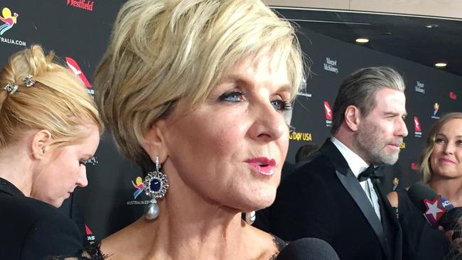 Foreign Affairs Minister Julie Bishop on the red carpet at the G'Day USA gala in Los Angeles. Picture: AAP