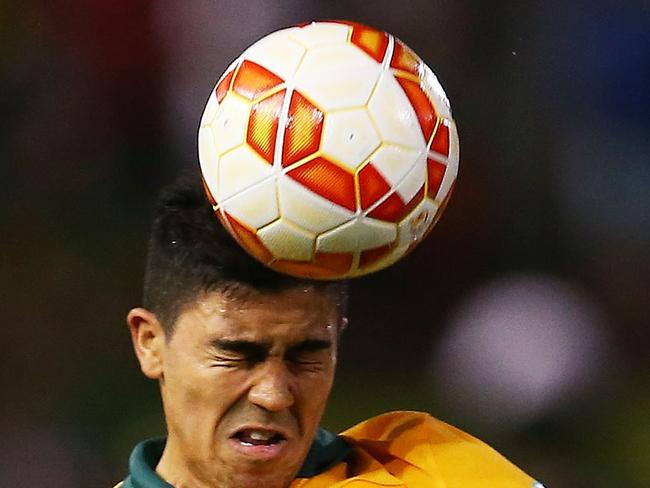 NEWCASTLE, AUSTRALIA - JANUARY 27: Massimo Luongo of Australia heads the ball during the Asian Cup Semi Final match between the Australian Socceroos and the United Arab Emirates at Hunter Stadium on January 27, 2015 in Newcastle, Australia. (Photo by Brendon Thorne/Getty Images)