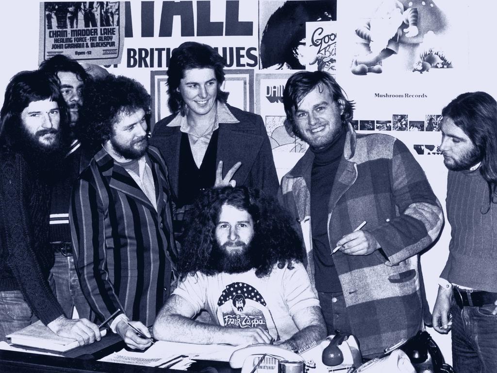 Michael Gudinski, front, with Australian rock group The Dingoes in 1975.