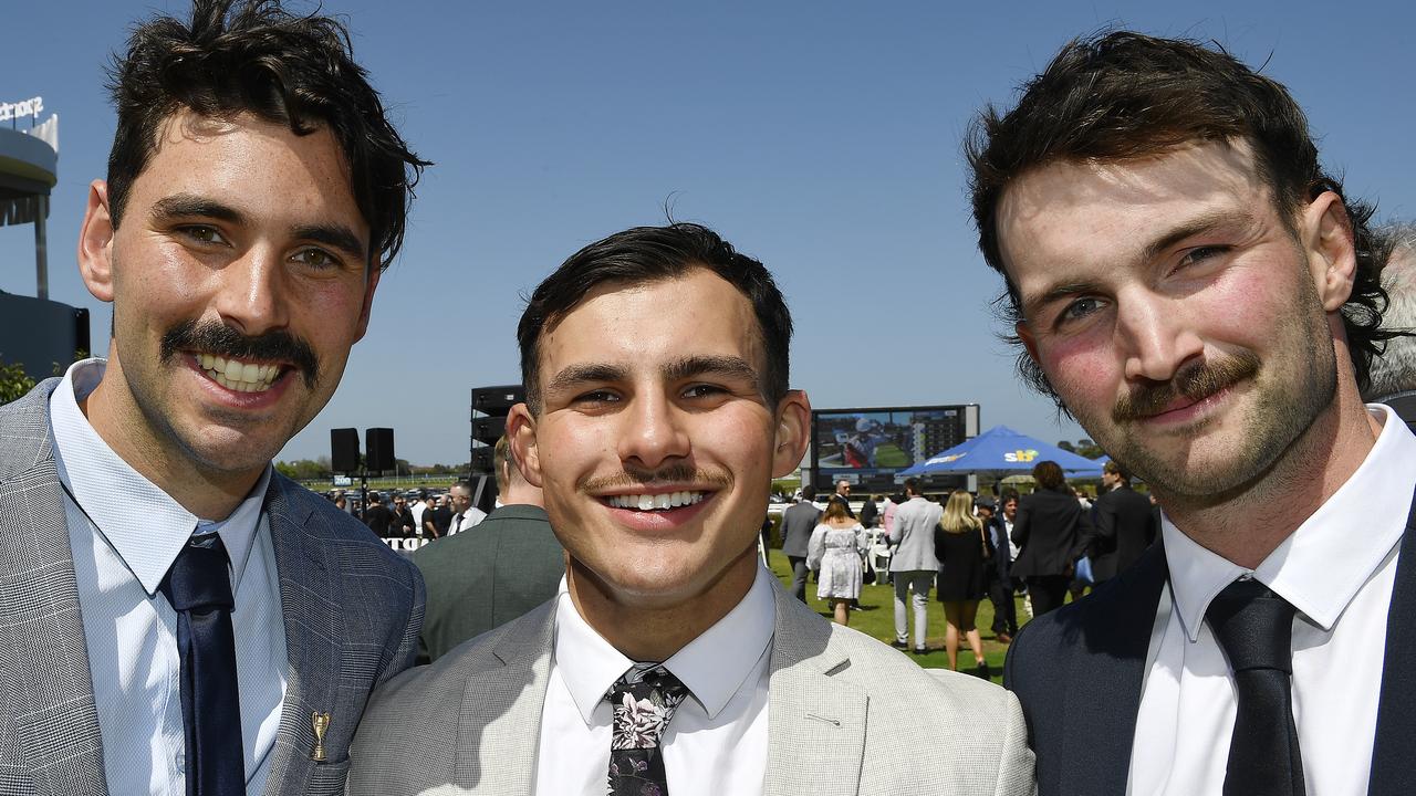 Caulfield Guineas horse race meeting, Caulfield, Victoria, Saturday 12th October 2024. Faces in the crowd. Pictured enjoying the race meeting are Charlie, Sab. and Shay. Picture: Andrew Batsch