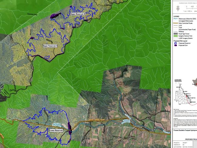 A more detailed map showing the three reservoirs and affected properties for the proposed Pioneer-Burdekin pumped hydro scheme. Picture: Queensland Hydro