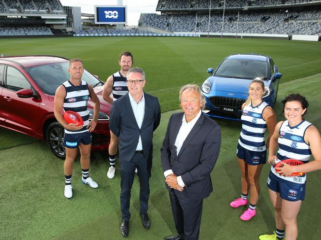 Geelong Cats players Joel Selwood, Patrick Dangerfield, Becky Webster and Meg McDonald with Ford Australia and New Zealand President and CEO Andrew Birkic and Geelong Cats CEO Brian Cook.  Sponsorship partnership announcement with Ford and the Geelong Cats. Picture: Peter Ristevski