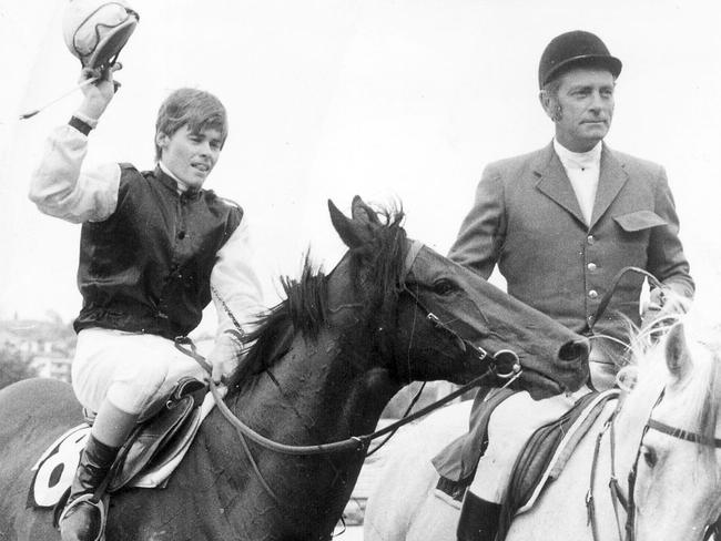 Brent Thomson after winning the 1979 Cox Plate on Dulcify.