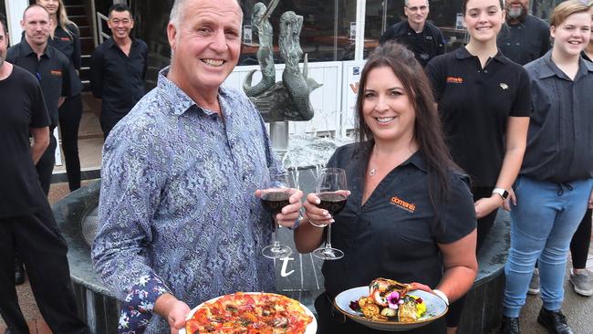 Italian Restaurant Domanis has won the best Italian on the Gold Coast. The family owned business only took over at Main Beach 3 months ago. Owners John and Jaime Kaz celebrate with their staff . Picture Glenn Hampson