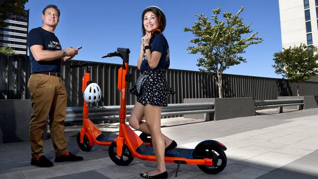 Neuron Scooter employees Joe Oliver and Valerie Inting. Picture: Tricia Watkinson