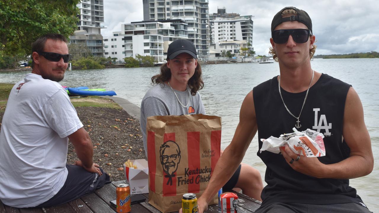 Barry, Talen and Baylin in Cotton Tree Park, Maroochydore for Boxing Day. Picture: Sam Turner