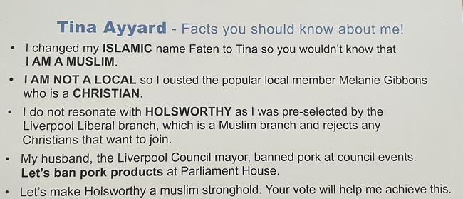 The list of fake ‘facts’ about Liberal candidate Tina Ayyad on the back of a discriminatory flyer letterboxed to homes in the seat of Holsworthy. Picture: Supplied