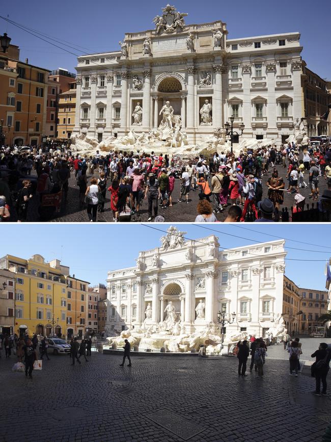 Rome's Trevi fountain in June, 2017, top, and March 11, 2020. Picture: AP