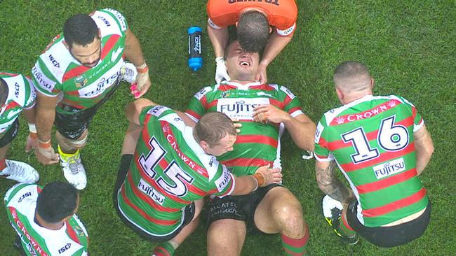 Sam Burgess was stretchered from the field following a sickening collision.