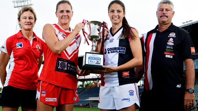 Those were the days: Colleen Gwynne with Tahs captain Lisa Roberts and Southern Districts counterparts Lateesha Jeffrey and Tarmon Elliott in the lead-up to her last grand final. Picture: Justin Kennedy