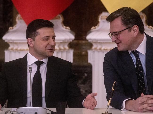 Ukrainian President Volodymyr Zelensky talks with Ukrainian Foreign Minister Dmytro Kuleba during a joint press conference in Kyiv, Ukraine. Picture: Getty Images