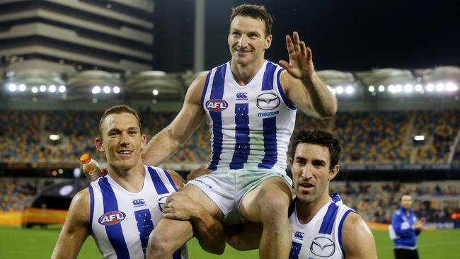 Of course North Melbourne had a win in his 400th, this time over Brisbane. The Roos are yet to lose in a Brent Harvey milestone game. Picture: Mark Calleja