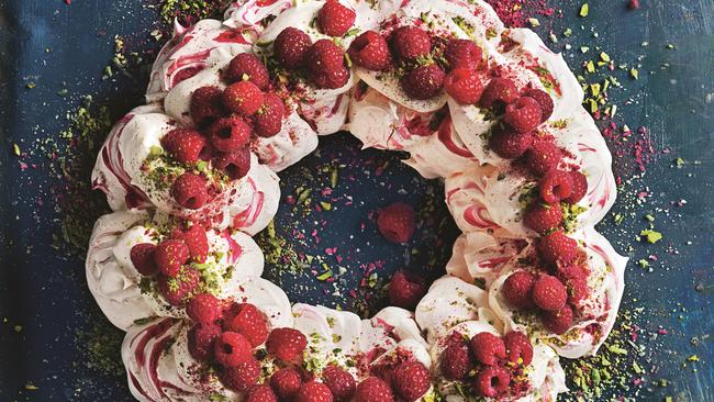 Raspberry swirl pavlova wreath from Christmas Feasts and Treats by Donna Hay.