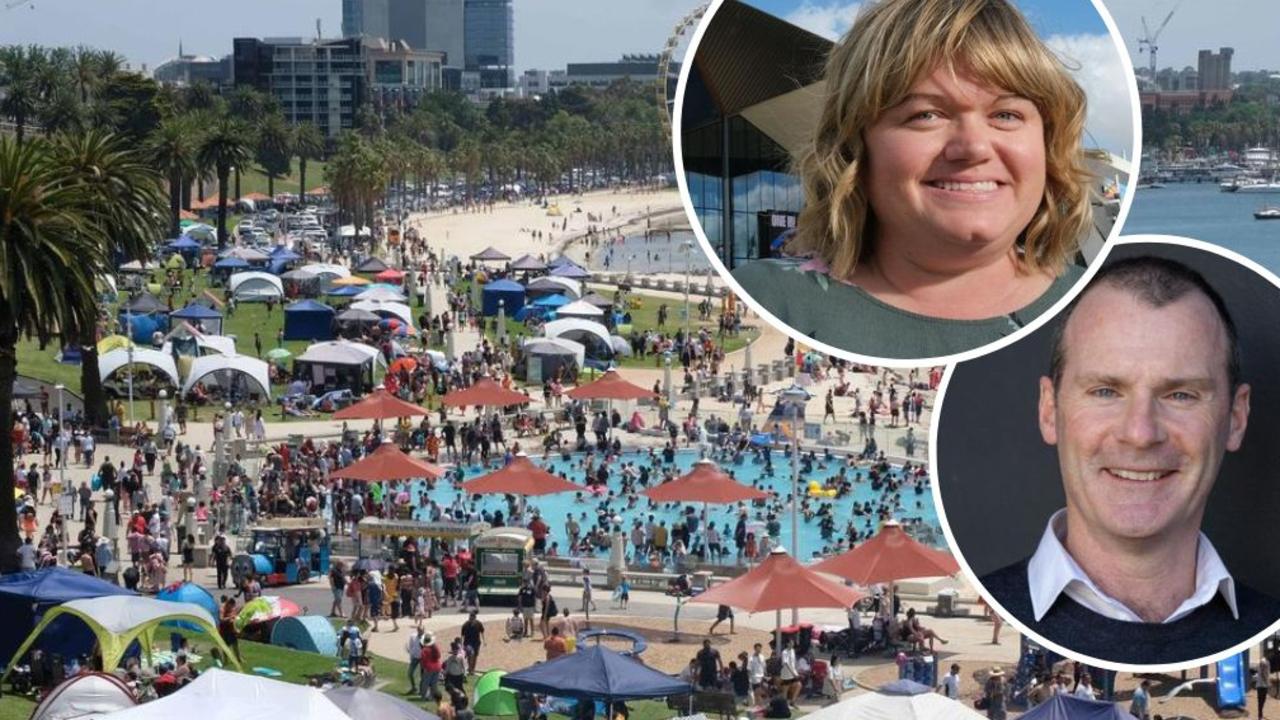 Geelong’s visitor economy has surged to $1.6bn in value, but there’s one facet of the industry that’s lagging behind, according to a 2023 annual report. Pictured a packed Eastern Beach. Inset: Bill Mithen and Tracy Carter.