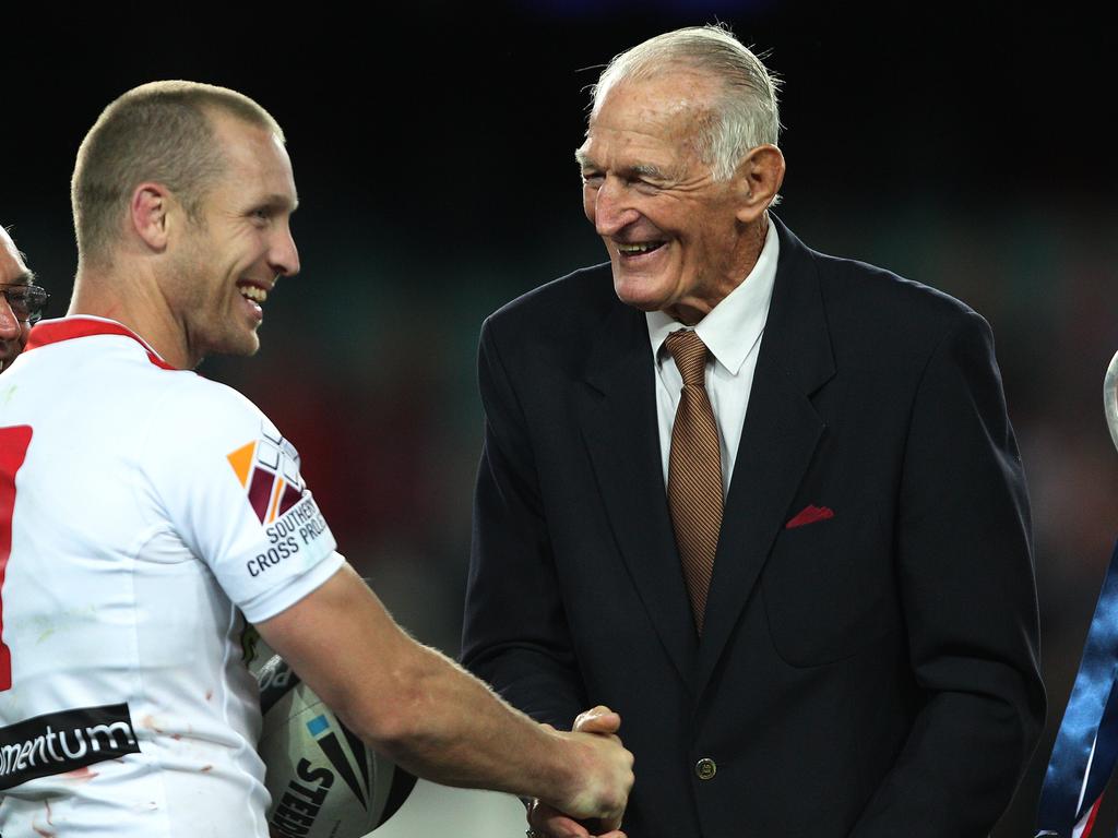 NRL ANZAC Day match - Sydney Roosters v St. George-Illawarra Dragons at Allianz Stadium. Ben Hornby with Norm Provan.