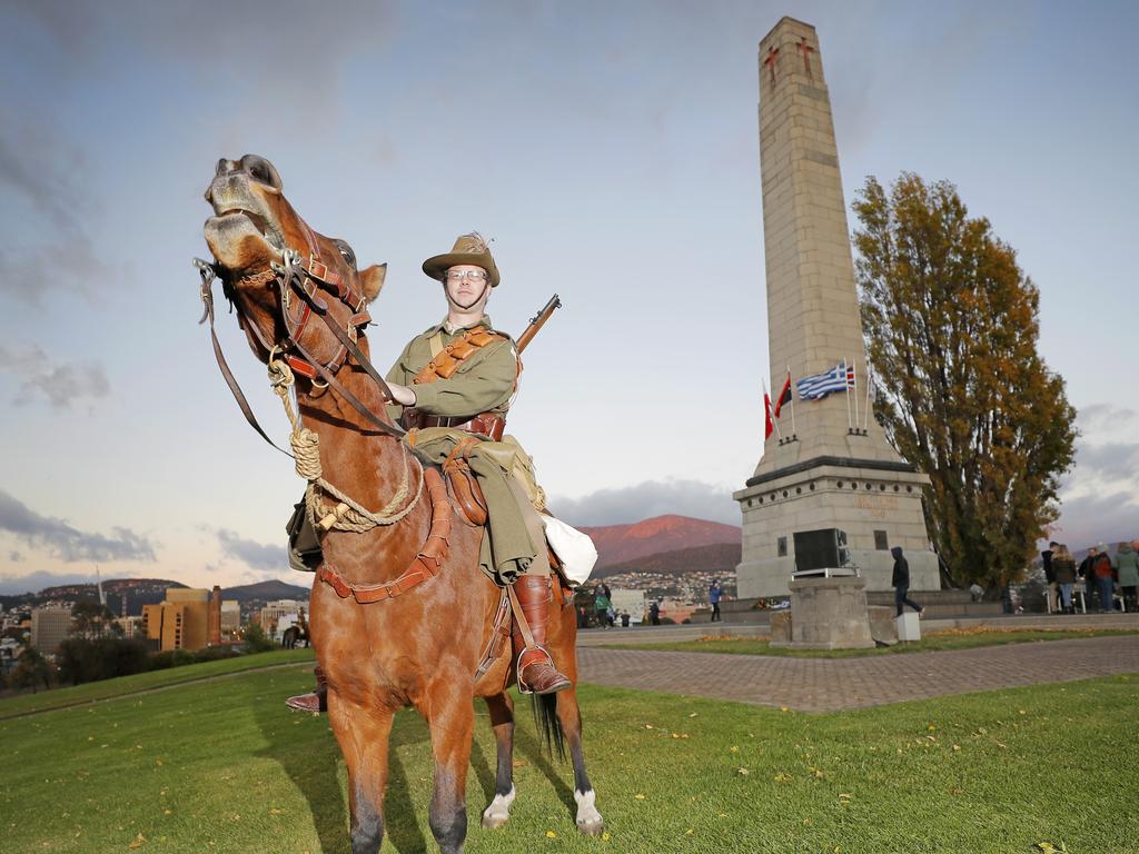 David Thomas of C squadron, 3rd Lighthorse Regiment, Historic Troop at the Anzac Day dawn service at the Hobart cenotaph. Picture: PATRICK GEE