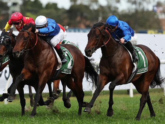 SYDNEY, AUSTRALIA - SEPTEMBER 28: James McDonald riding Broadsiding wins Race 8 James Squire Golden Rose during "Golden Rose Day" Sydney Racing at Rosehill Gardens on September 28, 2024 in Sydney, Australia. (Photo by Jeremy Ng/Getty Images)