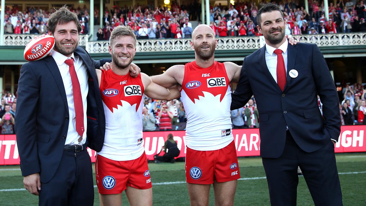 Nick Smith and Kieren Jack (far left and middle left), with Jarrad McVeigh and Heath Grundy, after retiring at the end of last season. Photo: Phil Hillyard