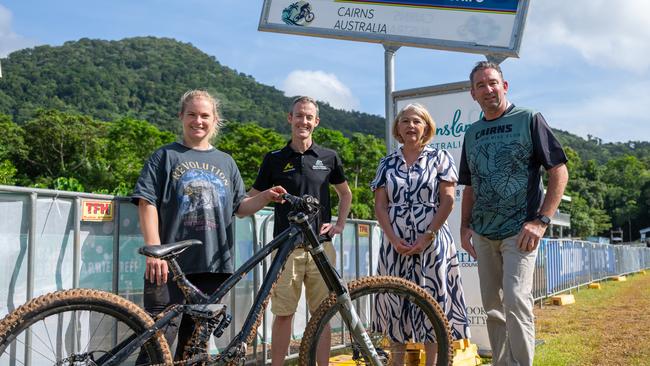 Cairns Local Legend Tracey Hannah, Australian Cycling Executive General Manager Kipp Kaufmann, Port Douglas Mayor Lisa Scomazzon and State Member Craig Crawford ahead of the UIC MTB Masters World Championships. Picture Emily Barker.