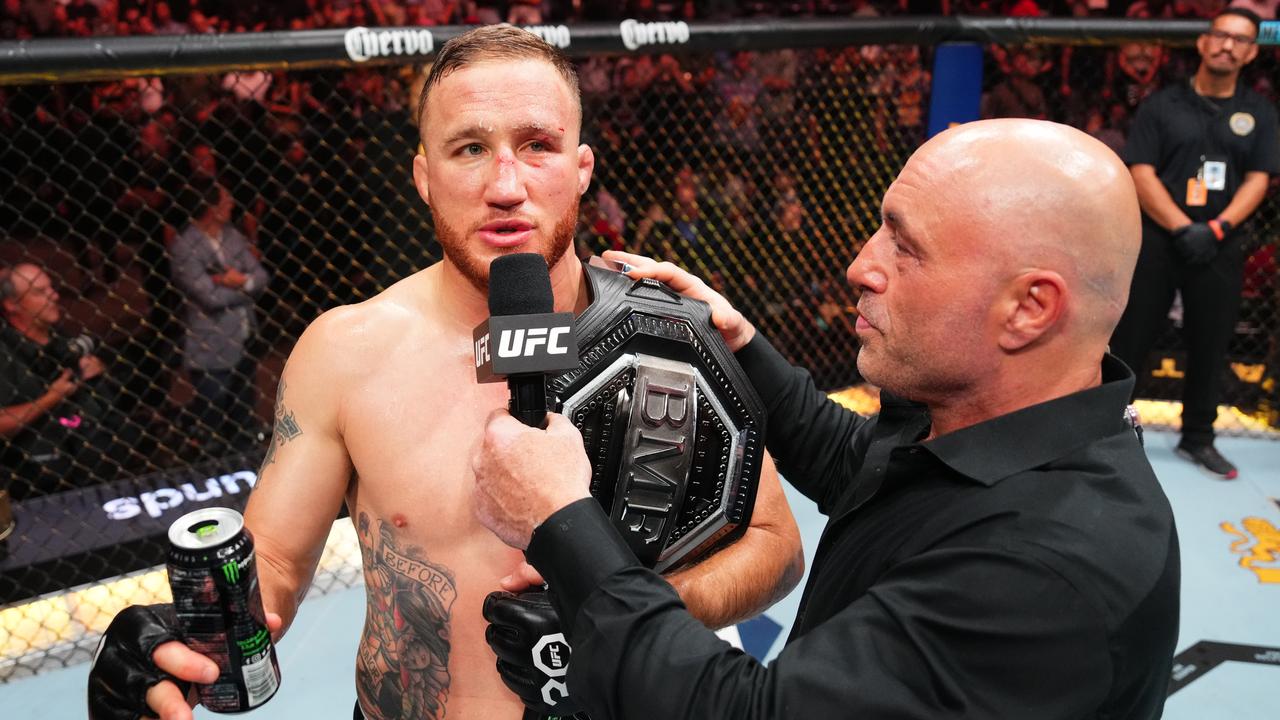 Justin Gaethje defends his BMF belt against Max Holloway. (Photo by Josh Hedges/Zuffa LLC via Getty Images)