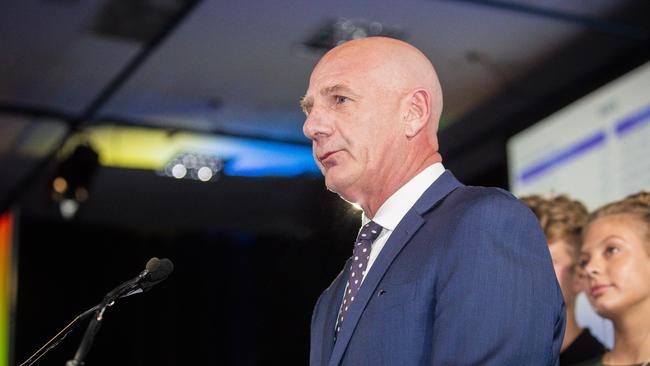 Premier Peter Gutwein gives his victory speech in the tally room. Picture: NCA NewsWire/Richard Jupe