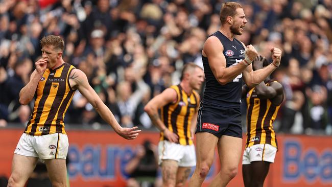 Harry Mckay celebrates on the siren. Picture: Robert Cianflone/Getty Images