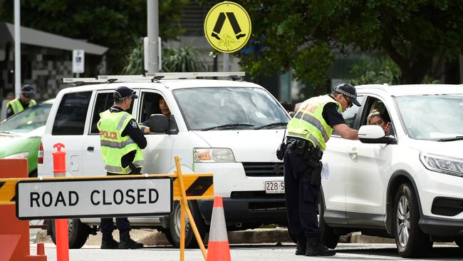 Police check drivers at the Griffith Street checkpoint at Coolangatta on July 10, 2020 in Coolangatta. Picture: Matt Roberts/Getty Images