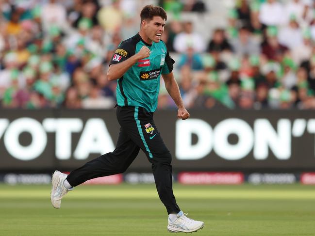 Xavier Bartlett celebrates the wicket of Stars opener Tom Rogers during the Heat’s first BBL match of season 14 at the MCG. Picture: Morgan Hancock/Getty Images