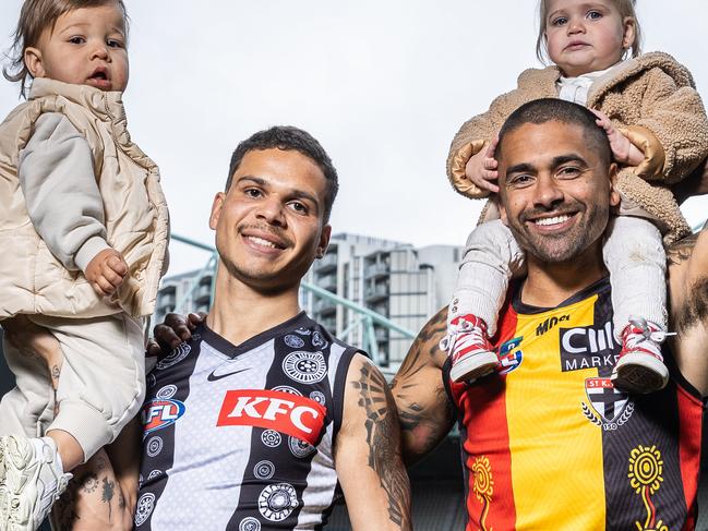 AFLÃs Sir Doug Nicholls Round Launch. Bobby Hill and Brad Hill with their kids Bobby (16 months) and Harriet (16  months). Picture: Jake Nowakowski