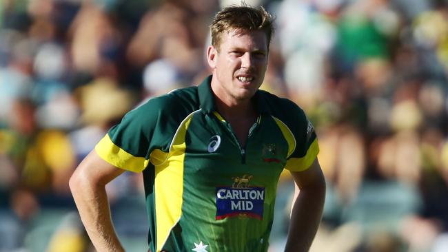 PERTH, AUSTRALIA - FEBRUARY 01: James Faulkner of Australia shows discomfort before leaving the field injured during the final match of the Carlton Mid One Day International series between Australia and England at WACA on February 1, 2015 in Perth, Australia. (Photo by Matt King/Getty Images)